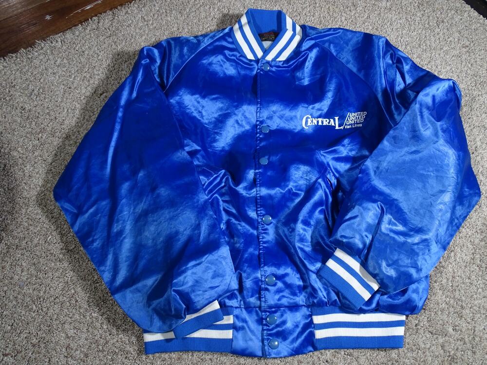 Vintage 80s Dunbrooke Pla-Jac Blue Satin Bomber Varsity Jacket Made in USA L